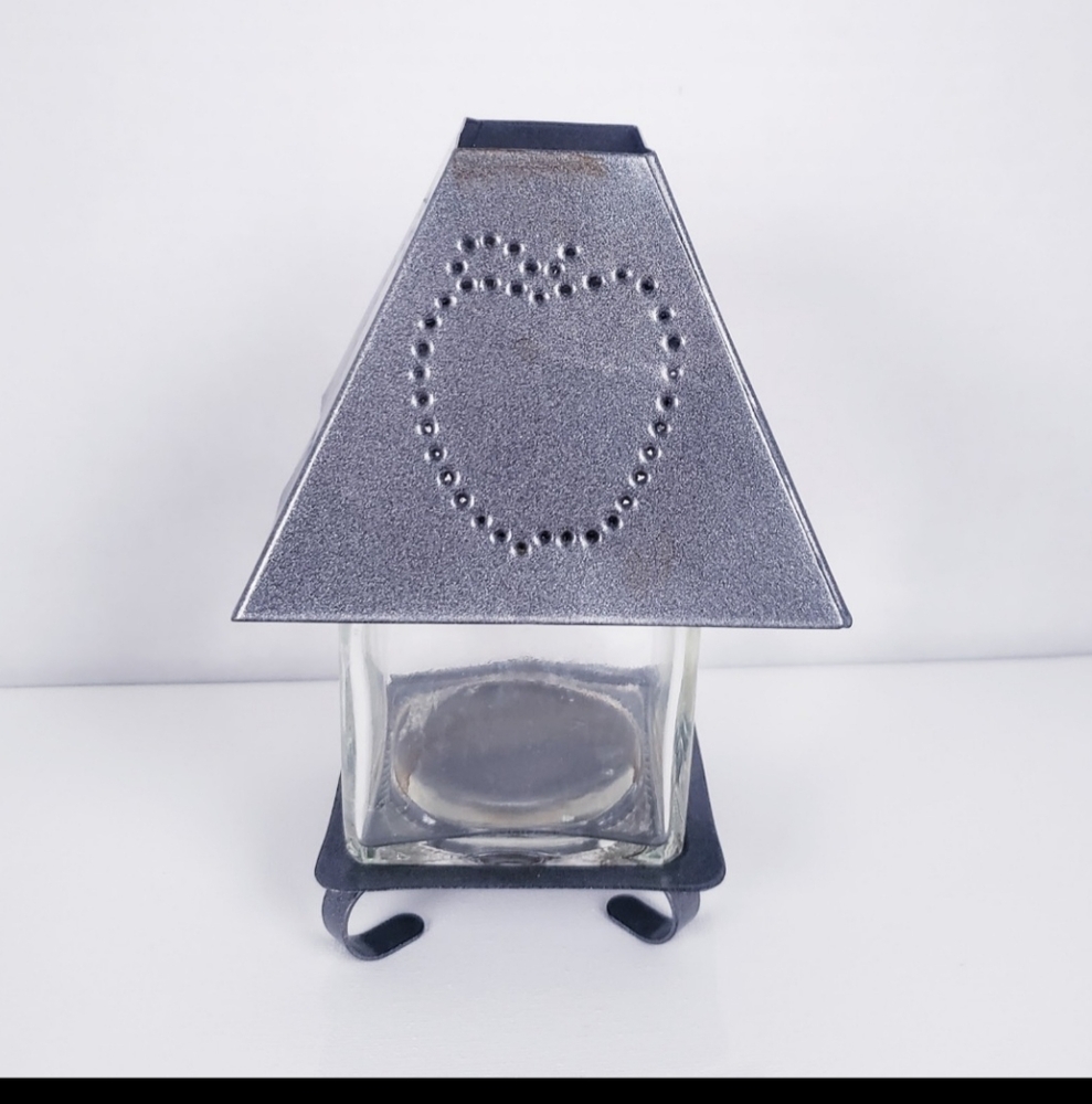 Gray Punched Metal and Glass Candle Holder